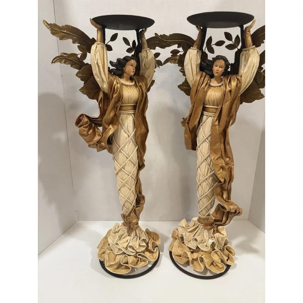 Vintage Intricate Angel Candle Holders Gold Cream Resin Fabric Hollywood Regency
